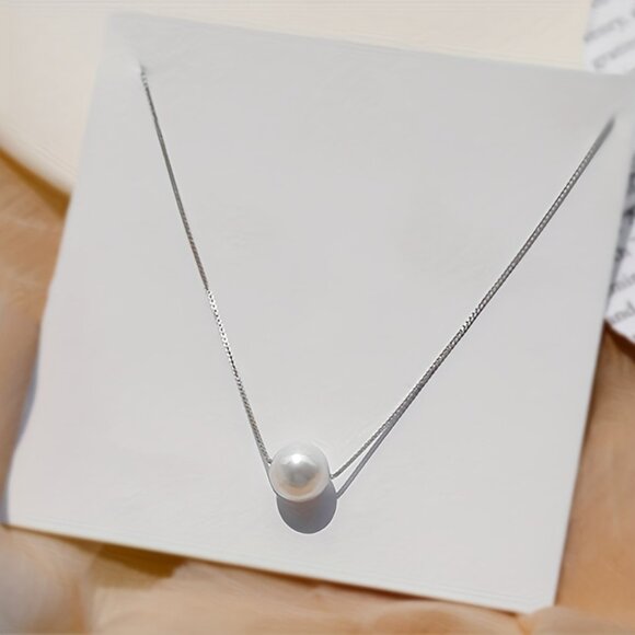 Minimalist Silver and White Pearl Necklace - Picture 2 of 5